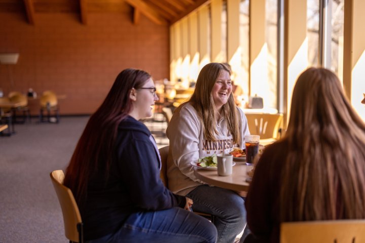 
              Three students sit at a table by large windows in a dining hall, enjoying a meal together. One student, wearing a 'Minnesota Morris' sweatshirt, is laughing while the others smile and listen. The bright sunlight streams in, creating a warm and inviting atmosphere. Plates of food and drinks are visible on the table.